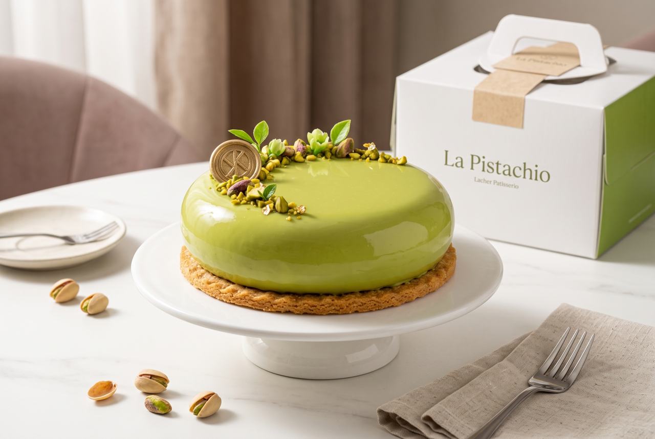 The Signature La Joyful pistachio mirror-glaze cake on a white stand beside its La Pistachio box